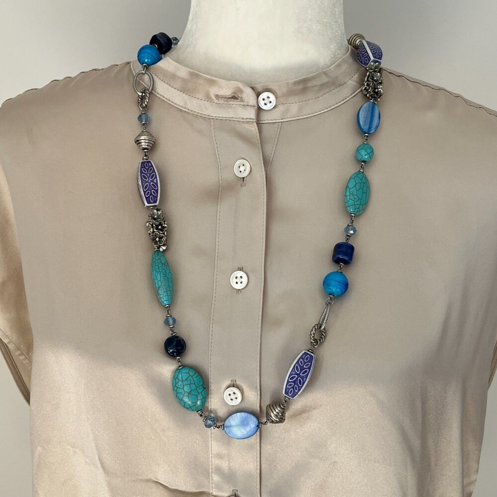 Premier Designs Blue Lagoon Ceramic Turquoise Glass Stone Silver 36" Necklace